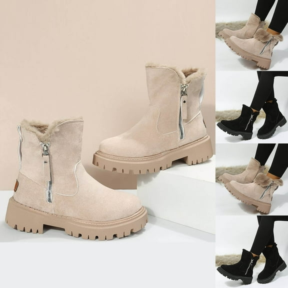 Winter Fall Boots for Women Fashionable Casual Chunky Heel Round Toe Short Boots Thick Fleece Warm Ankle Boots with Side Zipper