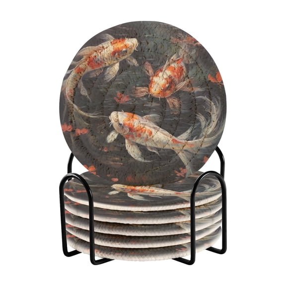 Fish and Flowers 6 Pcs Drink Coasters with Holder Absorbent Coasters Woven Coasters for Drinks Table Desk Protection Home Decor