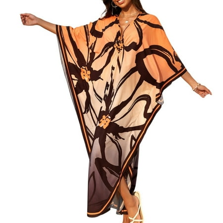 WTOBBY Women s Sun Protective Dress  Colorful Floral Print Loose Fit Beach Cover Up Bikini Robe Free Size for Vacation Pool Parties and Resort Wear Orange