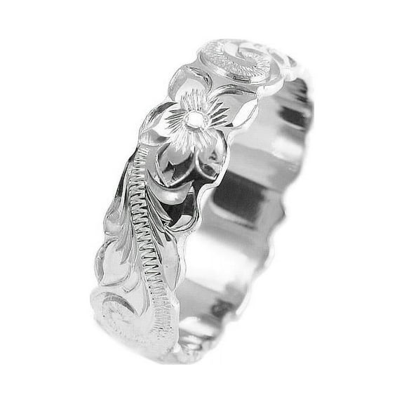 14K white gold hand engraved Hawaiian plumeria scroll band ring cut out 6mm size 8.5