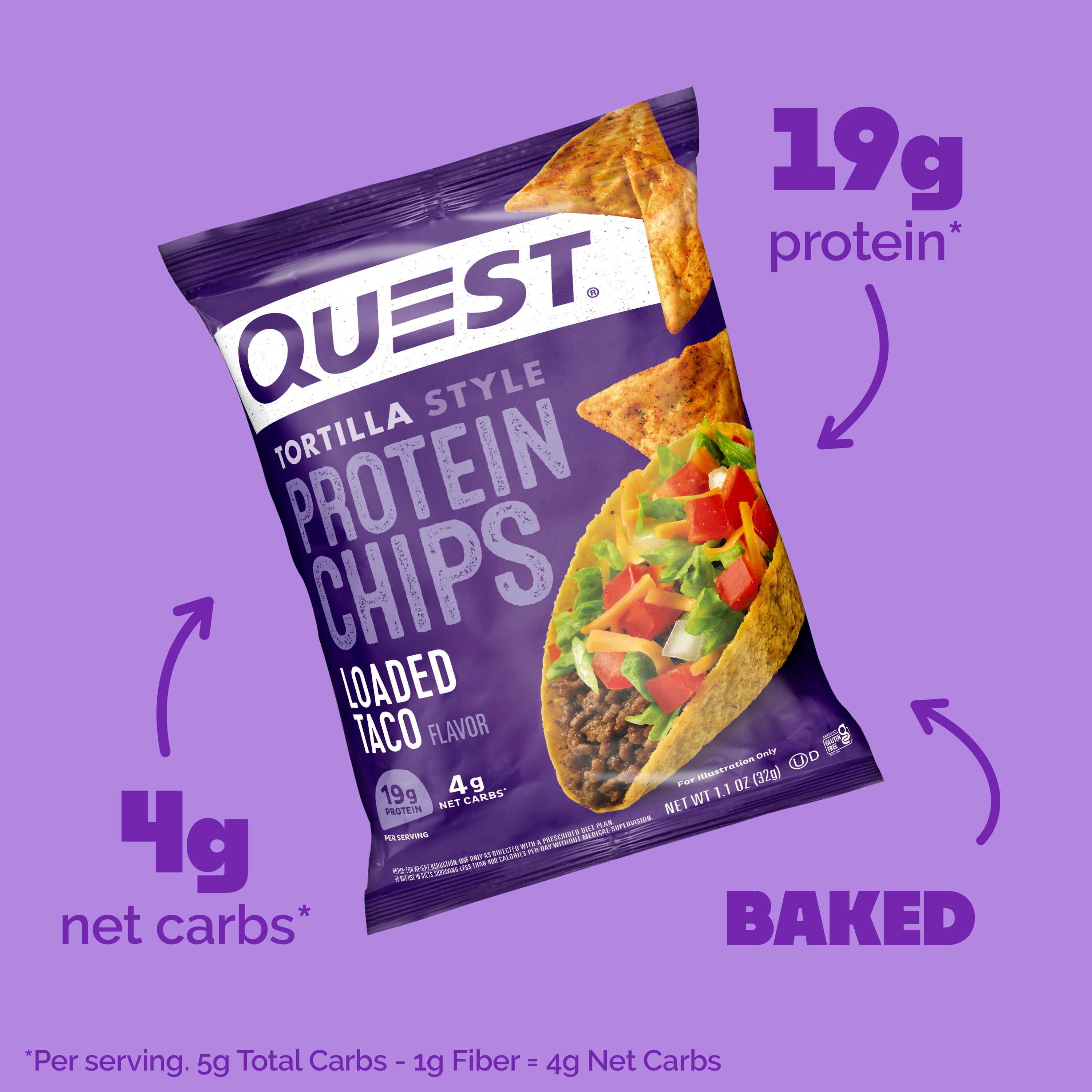 Quest Tortilla Style Protein Chips, Loaded Taco Flavor, Gluten Free, Baked, 1.1oz Bags, 12 Count