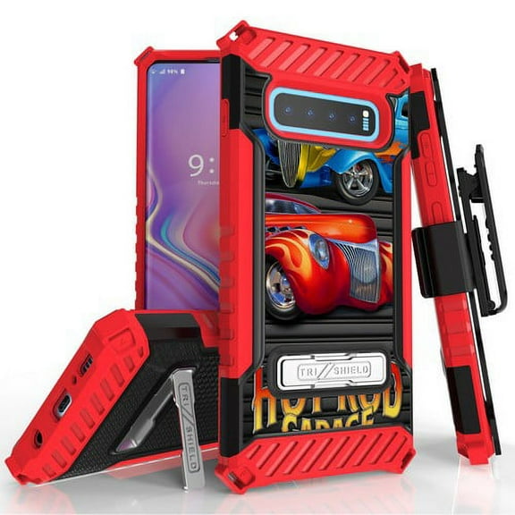 Galaxy S10 Plus (SM-G975) Case, TRISHIELD Rugged Cover With   [Belt Clip Holster]   [Built in kickstand] For Samsung Galaxy S10 Plus - Hot Rod Garage Classic Car