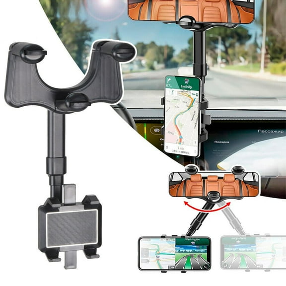 Car Phone Mount, HOMEYA Cell Phone Holder for Car Rearview Mirror, Universal Adjustable Phone Stand 360° Rear View Bracket Car Mount for All Mobile Phones