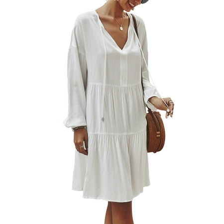 dresses flowy oversized midi bohemian loose neck casual sleeve lace retro womens dress