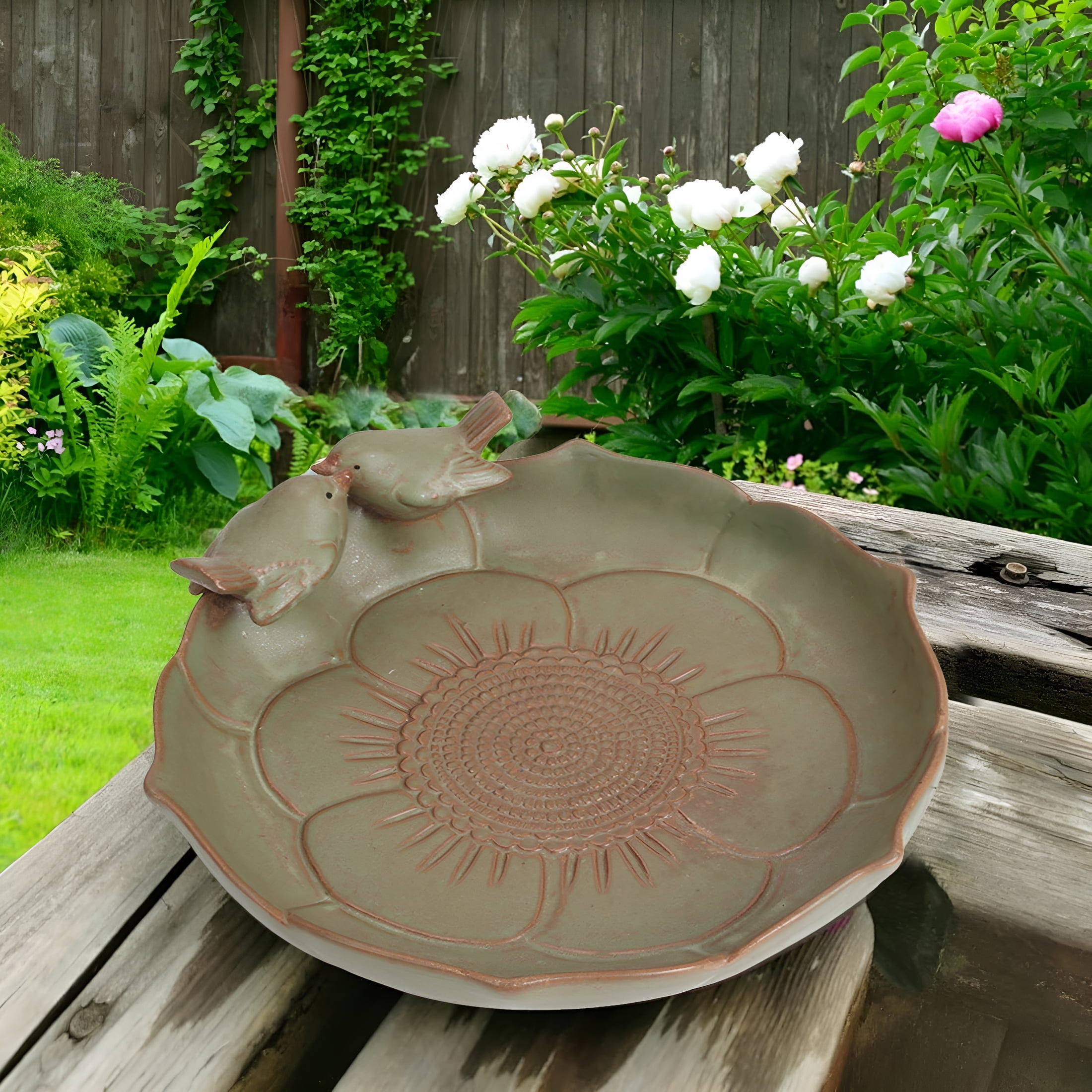 ACDANC Light Green Ceramic Heavy Duty Wild Bird Bath Bowl or Feeder for Outdoor Garden, Bowl Only 24x24cm, Brown