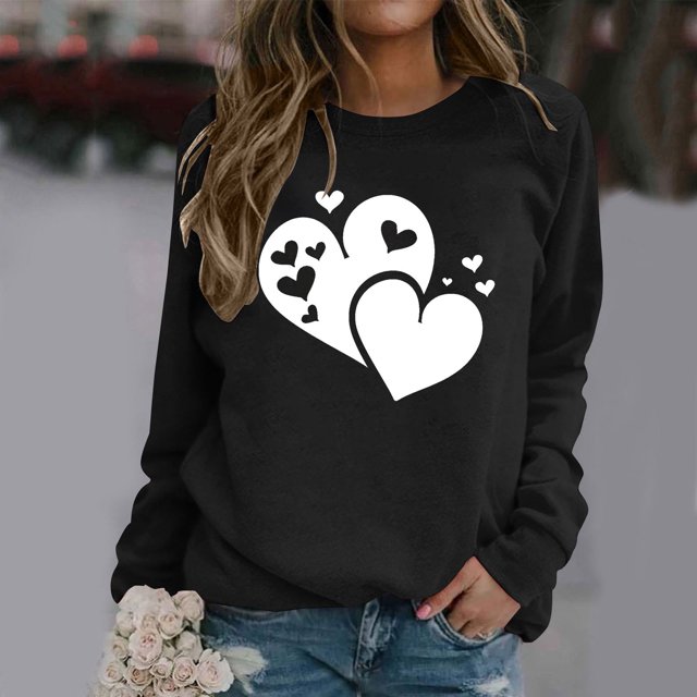 Fartey Chandail en Molleton Graphique Cœur d'Amour pour Femmes Doux Confortable à Manches Longues Pulls Décontractés Col Rond Tops de Vacances Mode Chandails en Molleton de la Saint-Valentin en Solde Noir