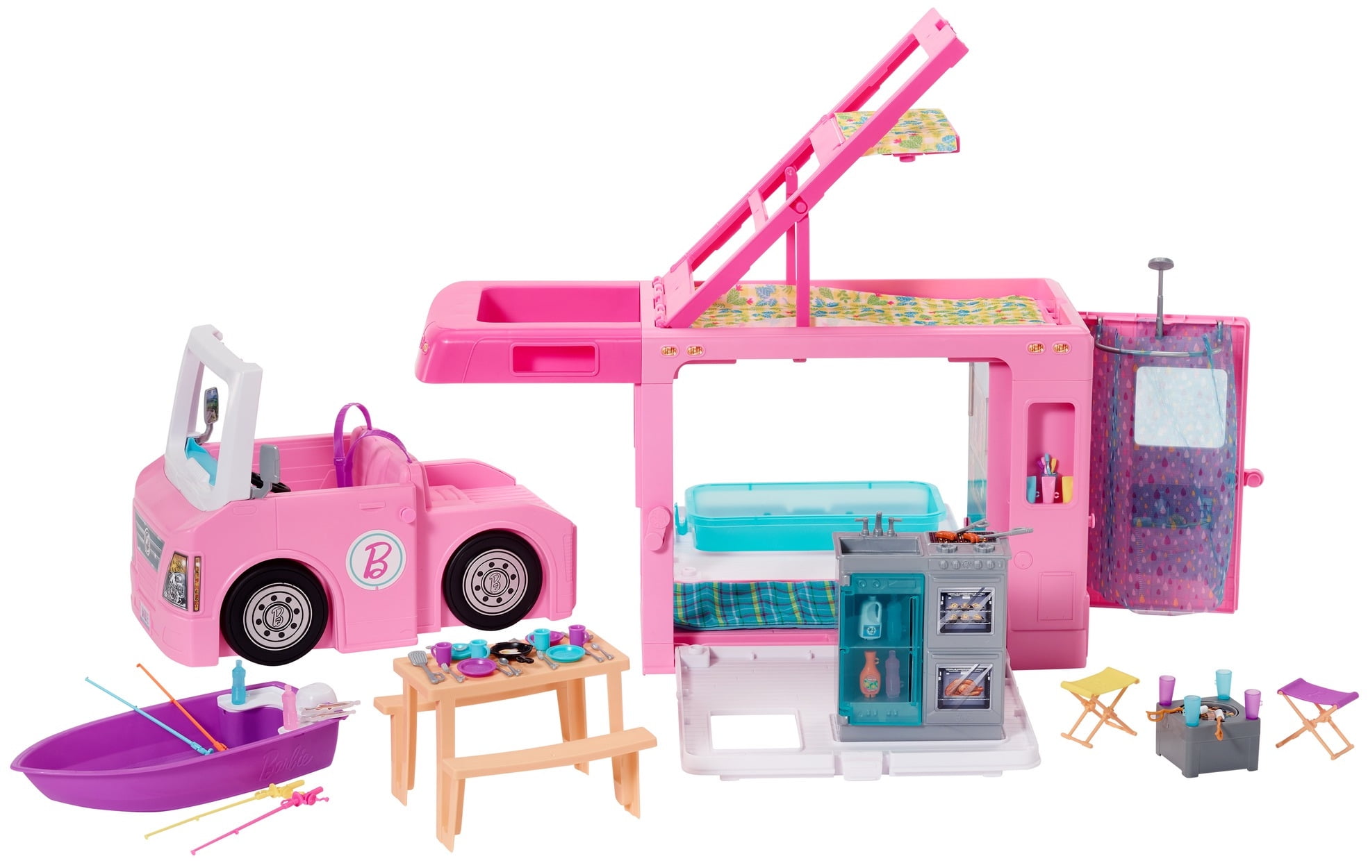 Boat And 50 Accessories New Barbie 3-In-1 Dreamcamper Vehicle With Pool Truck
