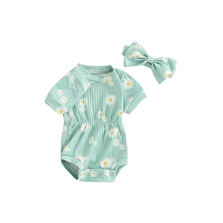 

ESASSALY Baby Rompers Daisy Print Round Neck Infant Bodysuits with Headband
