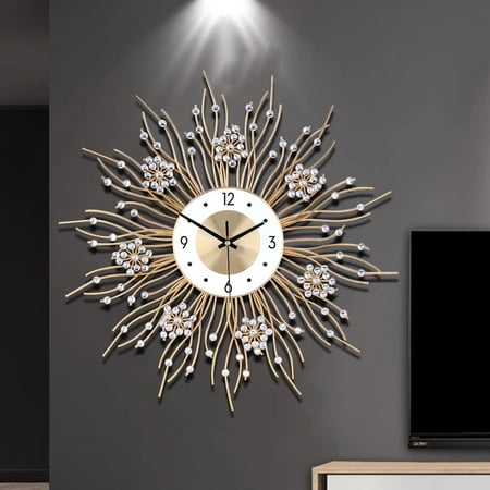 Luxury Sunburst Wall Clock with Crystal Accents - Christmas & New Year Modern Decor for Living Room, Bedroom, Office