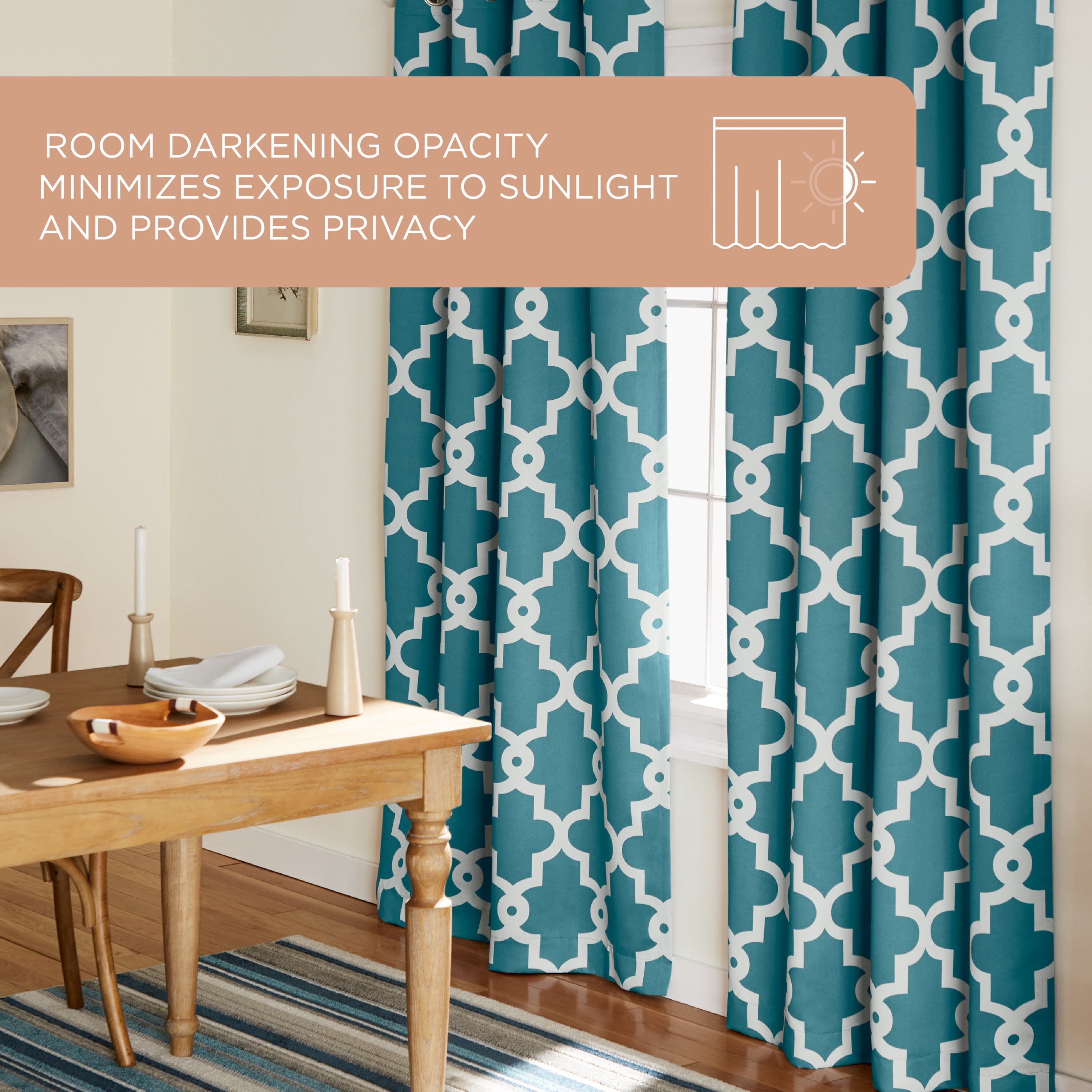 TOWN & COUNTRY EVERYDAY Ironwork Geo Trellis Sateen Indoor Curtains, Room Darkening Blackout, Grommet Top, Energy Efficient, 2-Pack Set, 52"x108", Teal