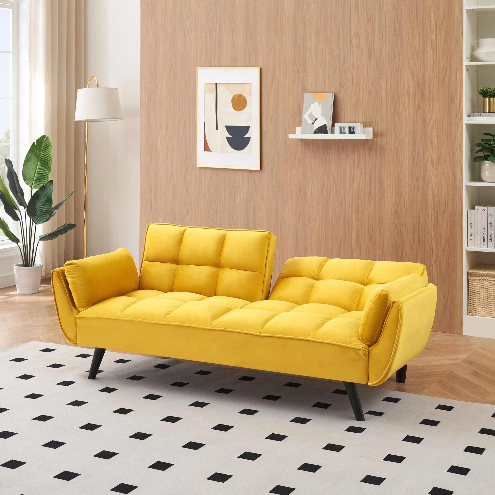Leumius 74" Modern Loveseat Sofa for Living Room,Velvet Futon sofa bed with Adjustable Back & with 2 Throw Pillow for Bedroom,Small Spaces,Yellow
