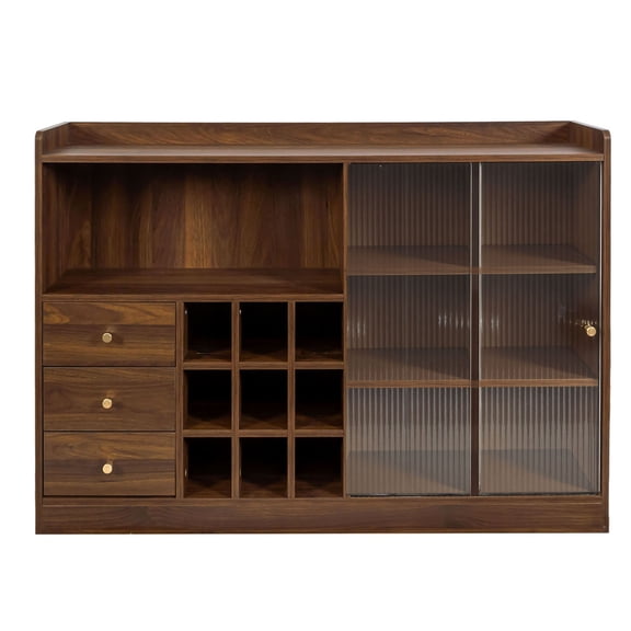 S-HOME Versatile Walnut Sideboard with 2 Sliding Glass Doors 47 Inch Freestanding Storage Shelves for Home and Office Use