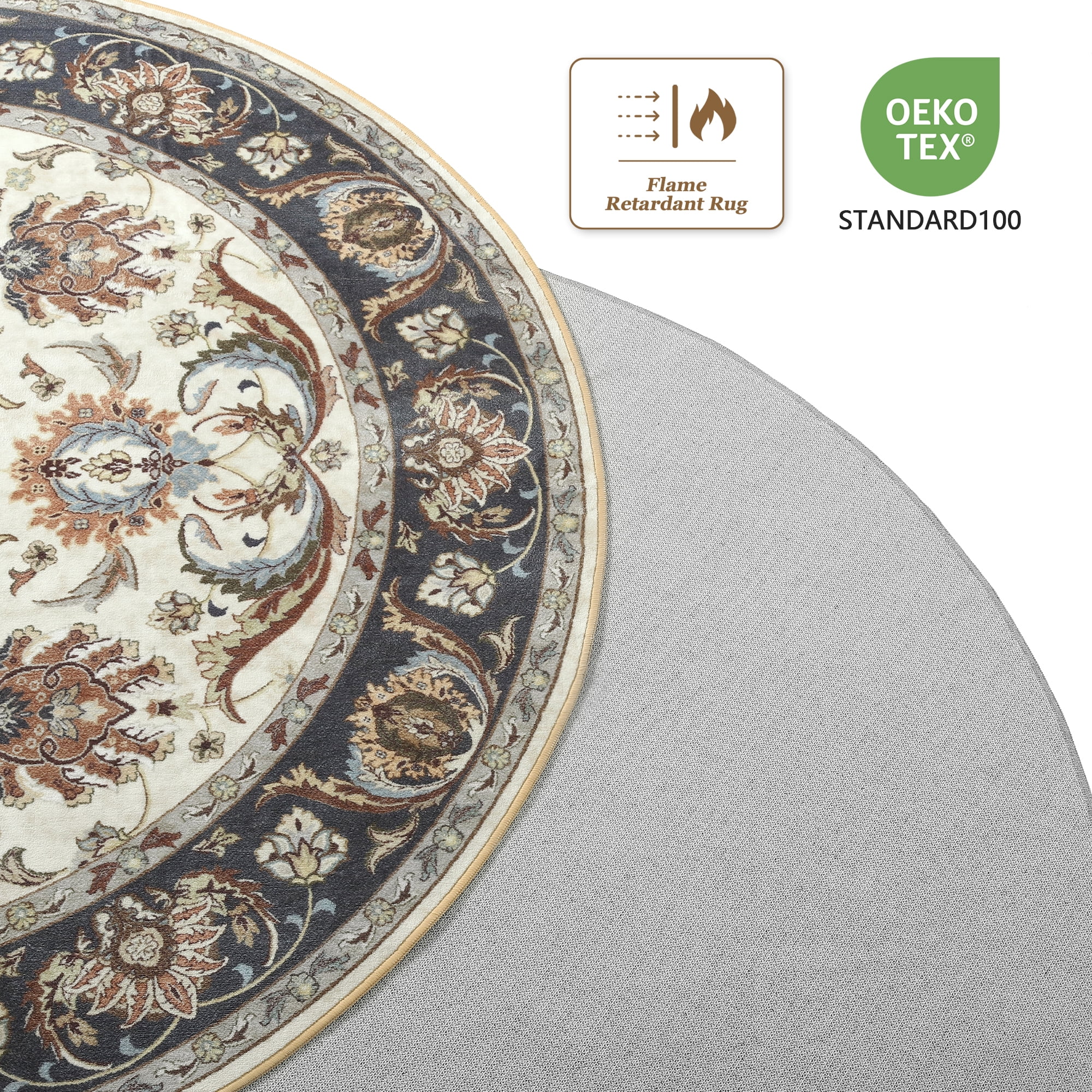 Cydiria Beige Round Persian Medallion Area Rug Floral Pattern Print Low-Pile Carpet for Living Room, 4' x 4'