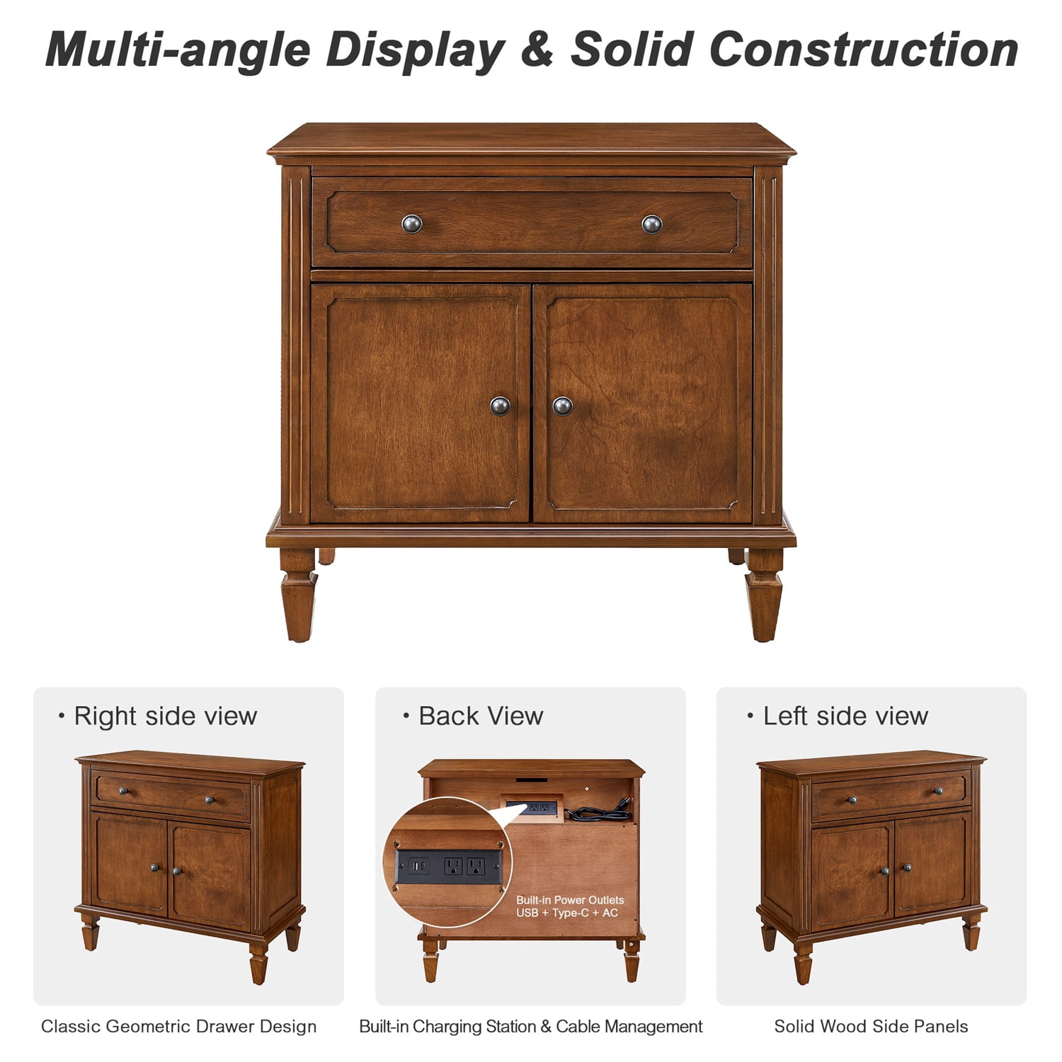 Hommoo Farmhouse Nightstand with Built-in Charging Station, Wood Bedside Table with Drawer & Double-Door Cabinet, USB/Type-C Ports, AC Outlets for Bedroom or Living Room, Walnut