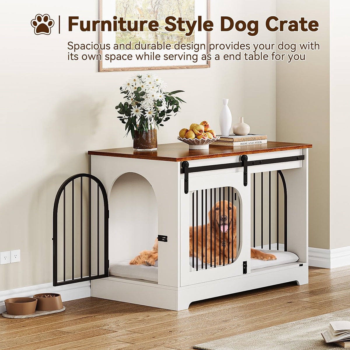 Ataucjin 39.4" Dog Crate Furniture, Dog Kennel for Dogs Up to 70 Lb, with Bed Mat, Heavy-Duty Dog Cage End Table, Three Doors Dog House