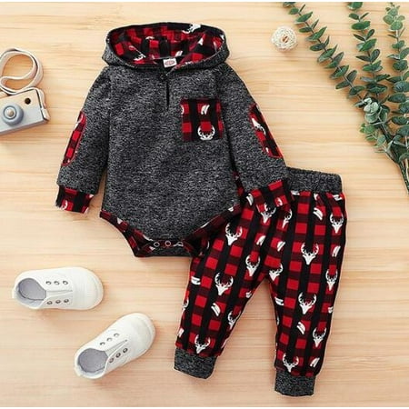 

Christmas Plaid Deer Head Print Long Sleeve Hooded Romper with Pocket + Trousers