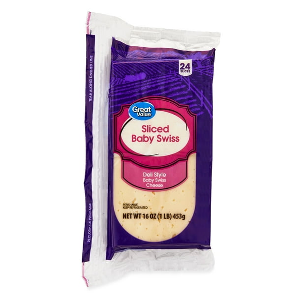 Great Value Deli Style Sliced Baby Swiss Cheese, 16 oz, 24 Count