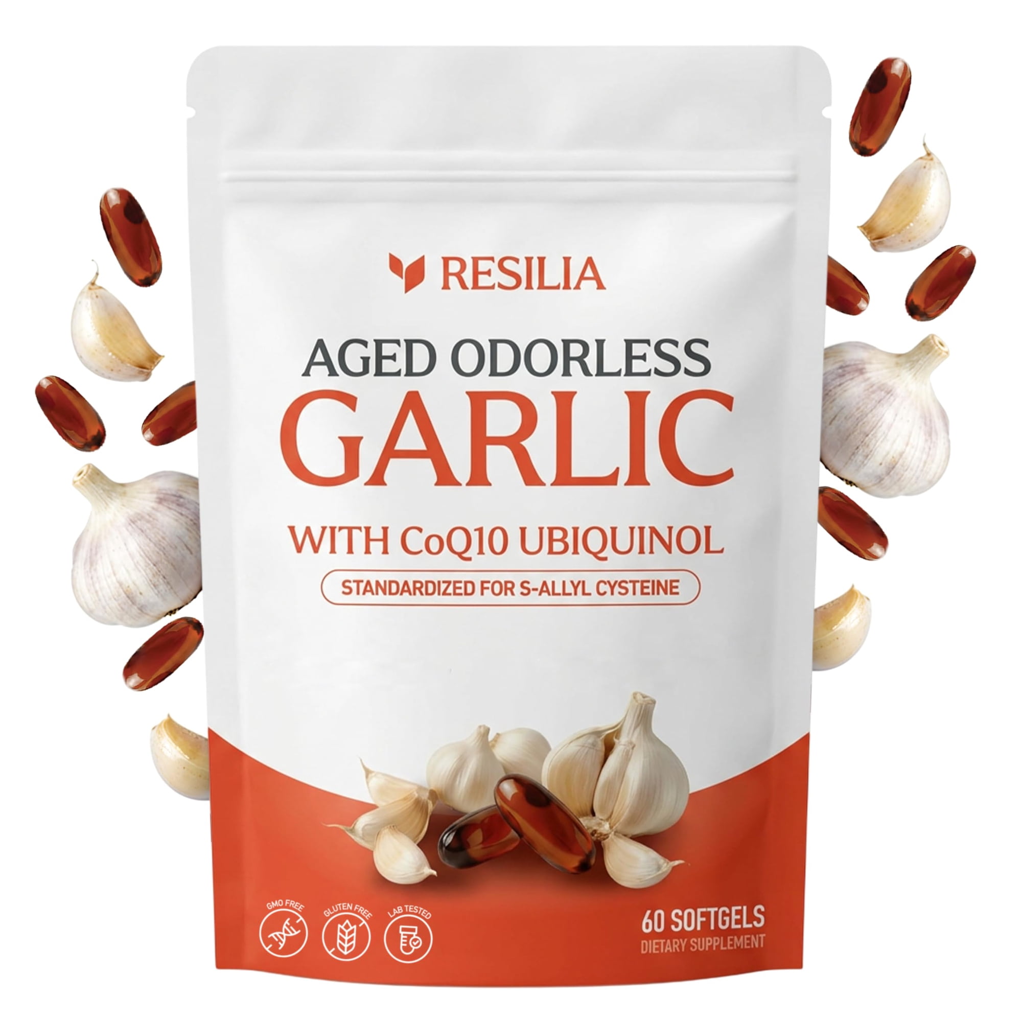 Resilia Odorless Aged Garlic Extract Softgels 600mg with CoQ10 Ubiquinol & Vitamin K2 MK-7, 60 Softgels