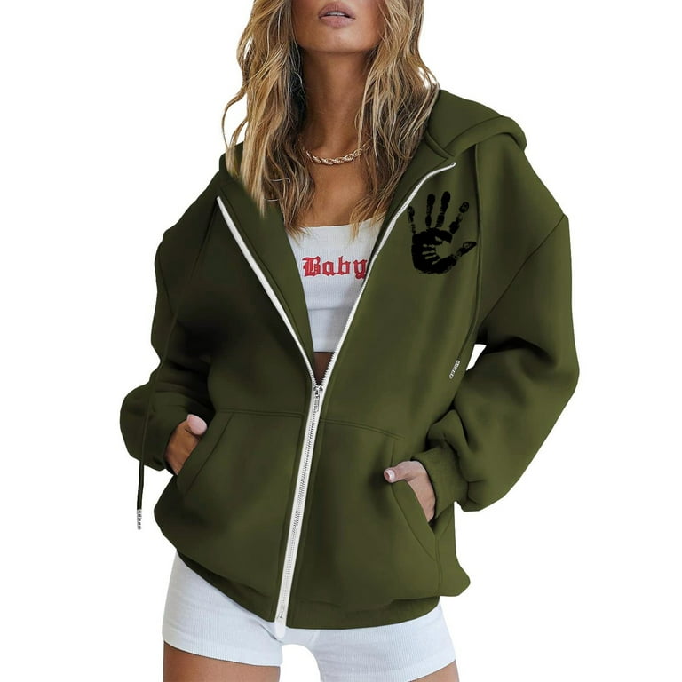 Women Hooded Zip Jacket Sweatshirt Fashion Long Sleeve Printed Pocket Drawstring Womens Zip Sweatshirts Hoodies Plain Hoodie Zip up Hoodies for Women
