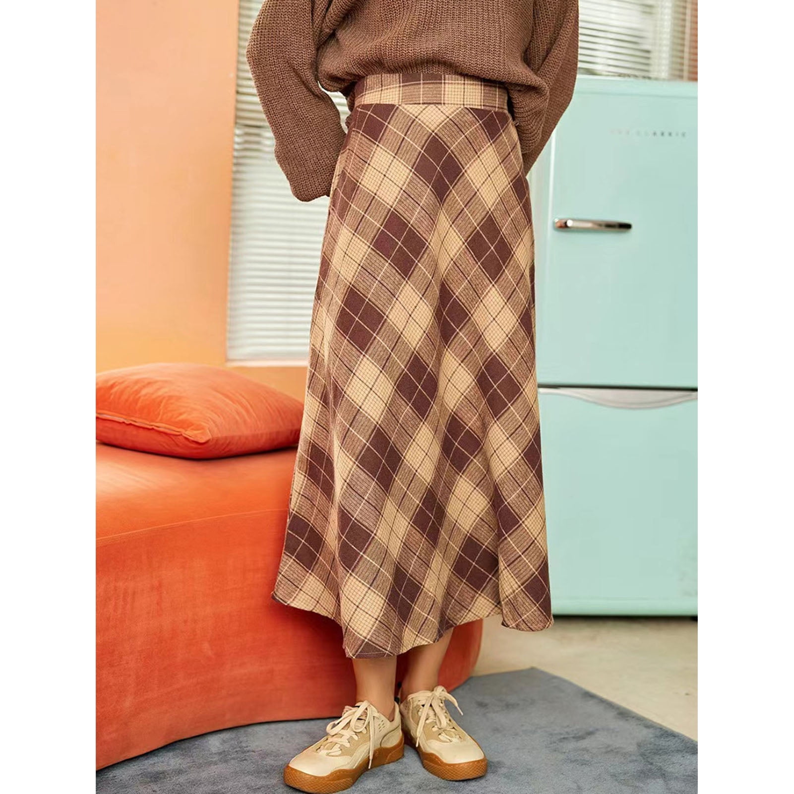 Plaid A Line Long Skirt High Waist Elastic Side Pocket Thick Women