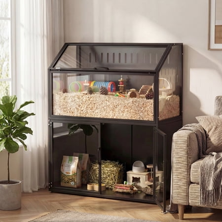 PawHut Hamster Cage with Storage Cabinet, Small Animal Cage with Easy View Acrylic Panels and Openable Top, Guinea Pig Habitat