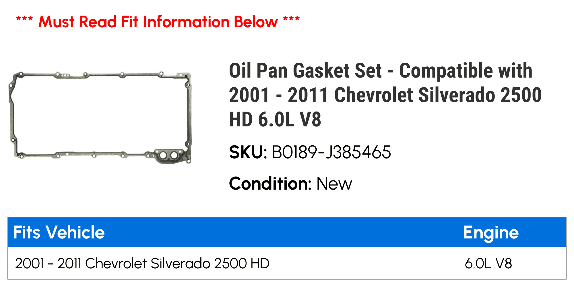 Oil Pan Gasket Set - Compatible with 2001 - 2011 Chevy Silverado 2500 HD 6.0L V8 2002 2003 2004 2005 2006 2007 2008 2009 2010