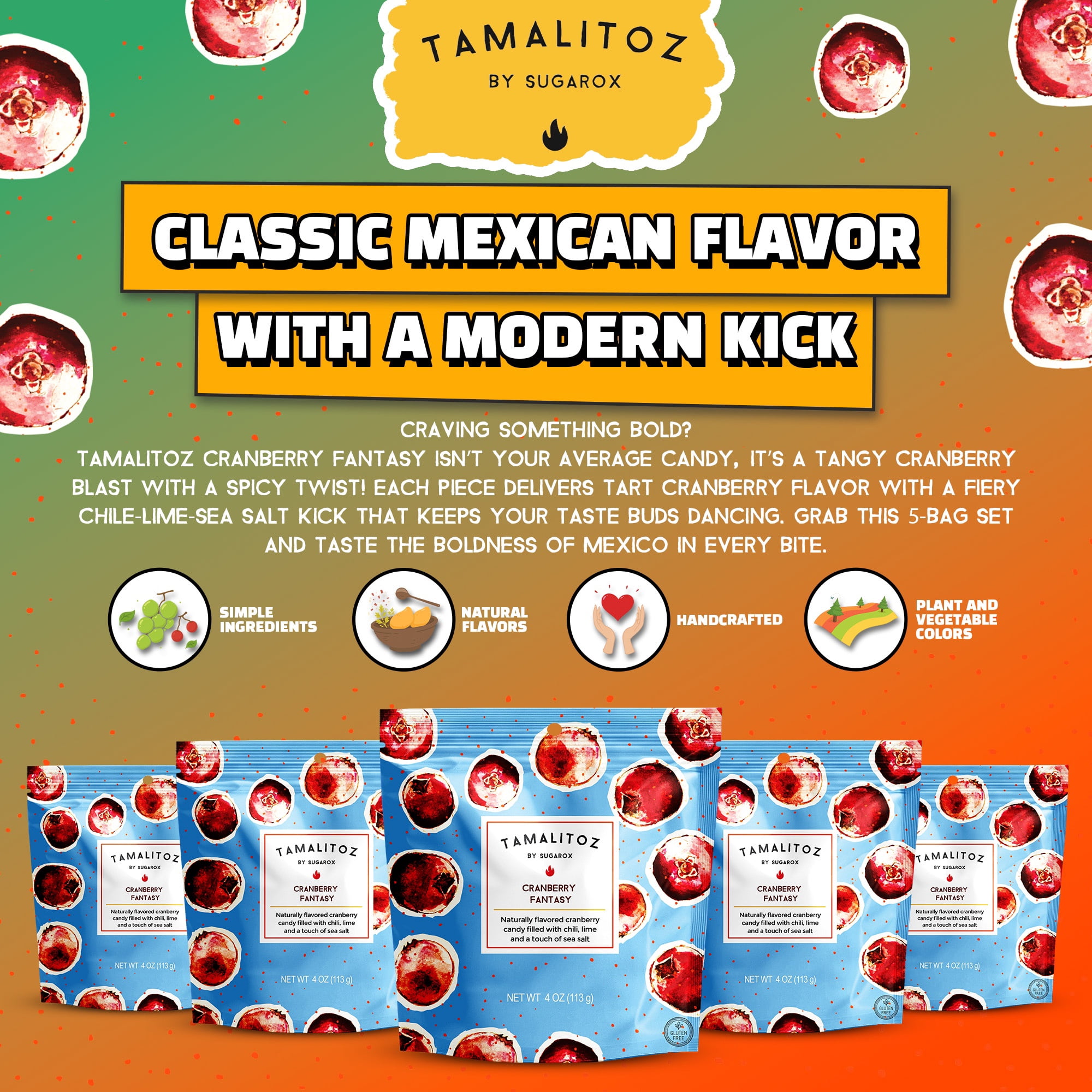 Tamalitoz Cranberry Fantasy – Spicy Cranberry Mexican Hard Candy Filled with Chile, Lime & Sea Salt – Handcrafted Fruit Candy, Gluten-Free, Kosher, No Artificial Colors, 5 Bags – 4oz Eac