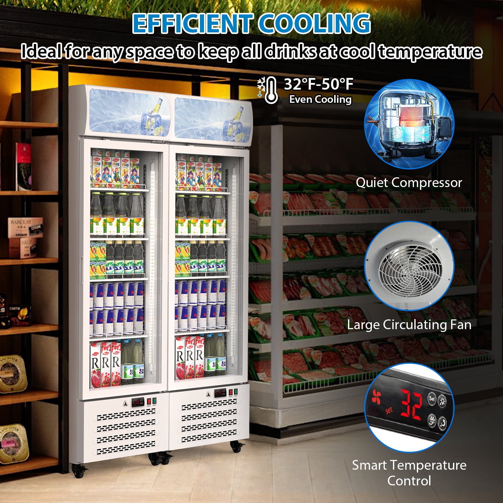 Kojooin Commercial Merchandiser Refrigerator,Beverage Refrigerator Cooler,Glass Door Display Refrigerator Upright Fridge,White