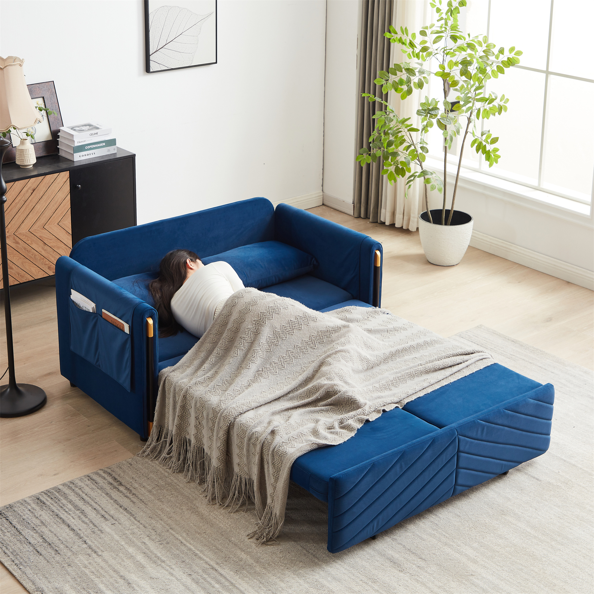 Aukfa Velvet Futon Convertible Loveseat Sleeper Sofa, Full Size, 2Pillows&Side Pockets, Blue
