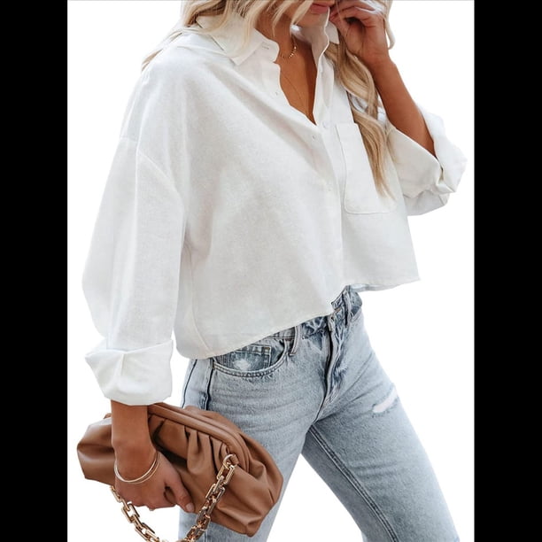 Camisas de Mujer con Botones, Tops Casuales de Larga, Blusa con Solapa y Bolsillo en el Pecho L