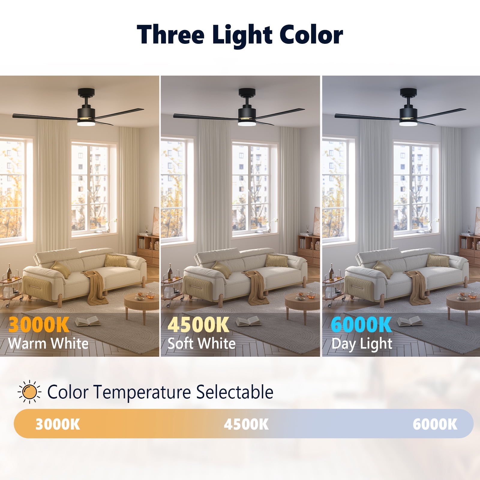 CRZOE Ceiling Fans with Lights, 52 inch Low Profile Ceiling Fan with Remote Control, Flush Mount, Reversible, 3CCT, Dimmable, Quiet, Black Small Ceiling Fan for Bedroom Indoor/Outdoor Use, Black