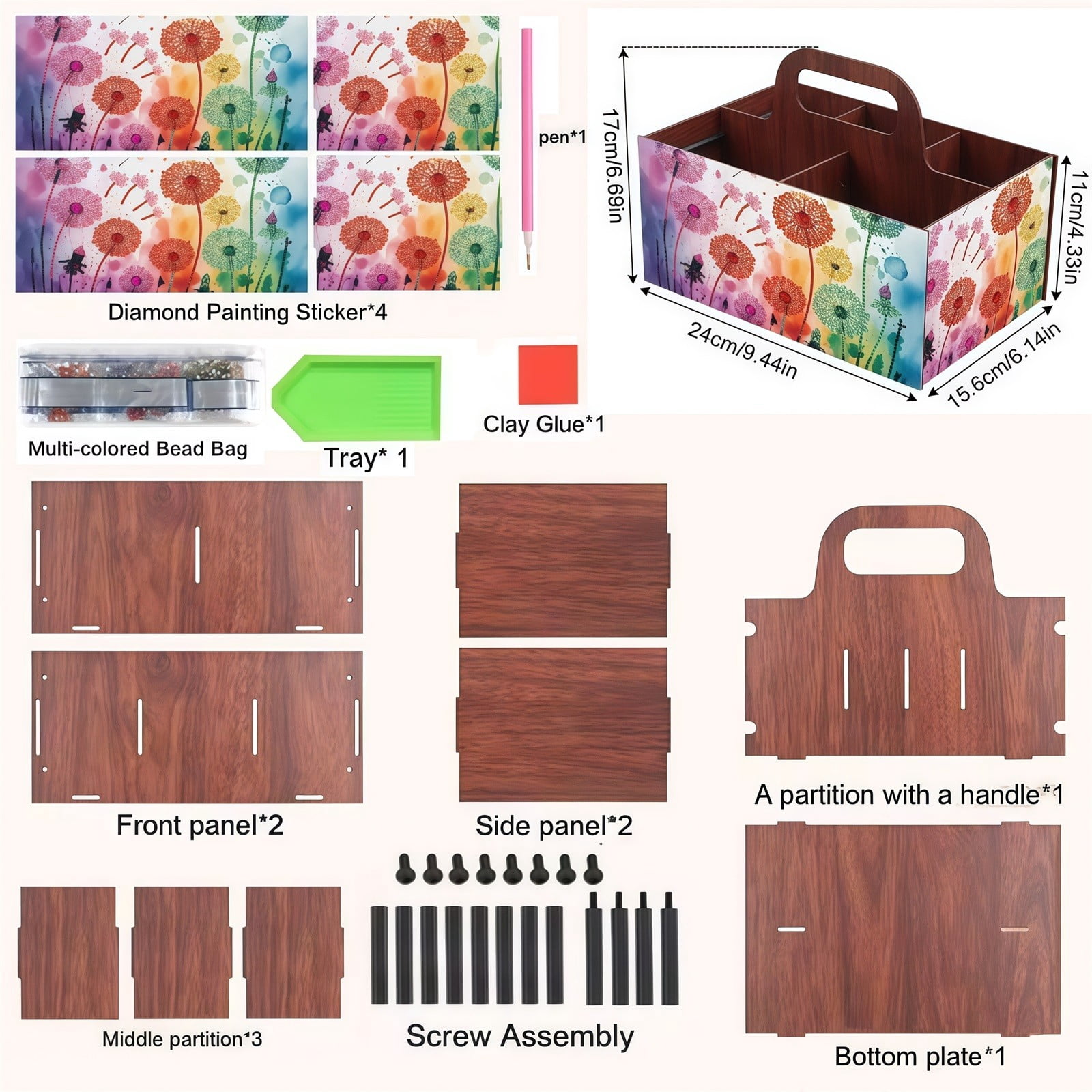 FLOPESN DIY Dandelion Diamond Art Painting 5 compartments Wooden Storage Box, 9.44*8.14in, Practical Rectangular Assembly Portable Multi-Grid Box