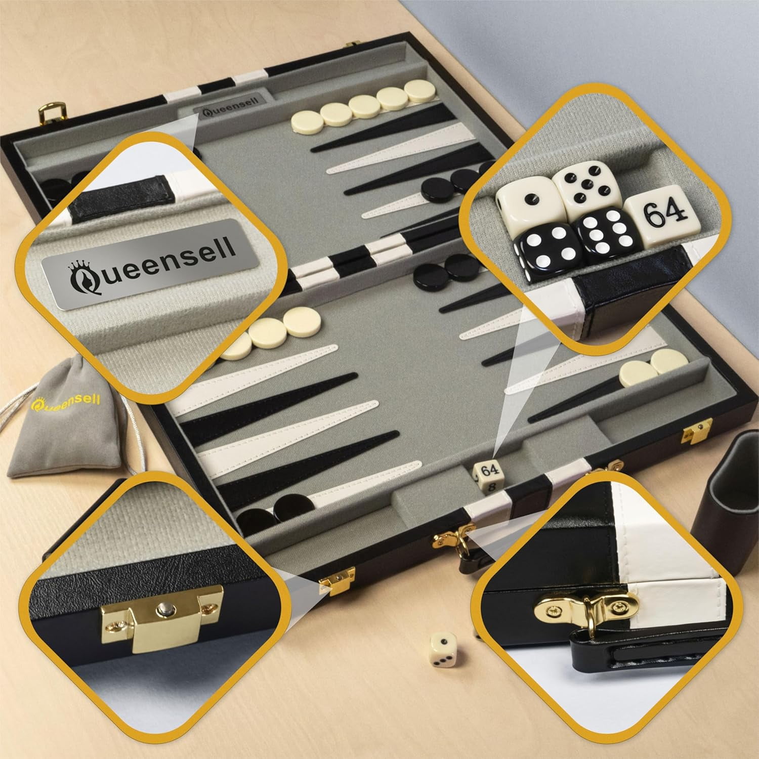 Backgammon Sets for Adults - 15-Inch Black PU Leather