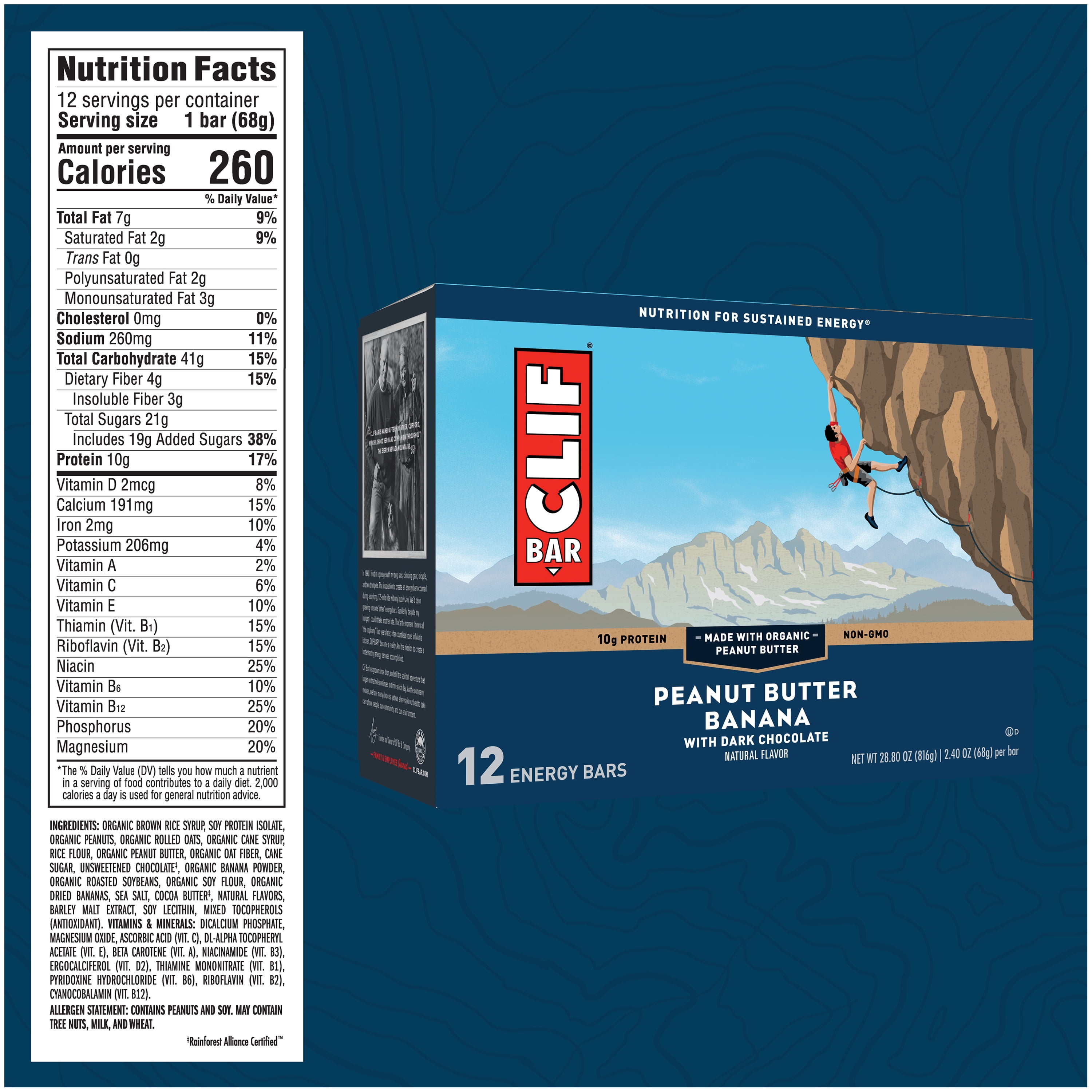 CLIF BAR - Energy Bars - Peanut Butter Banana Dark Chocolate - 2.4 Ounce Protein Bars - 12 Count