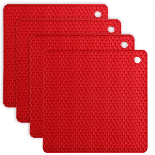 Juego de 4 salvamanteles de silicona resistentes al calor hasta 230 °C, antideslizantes y aptos para lavavajillas, con diseño de panal de abeja rojo