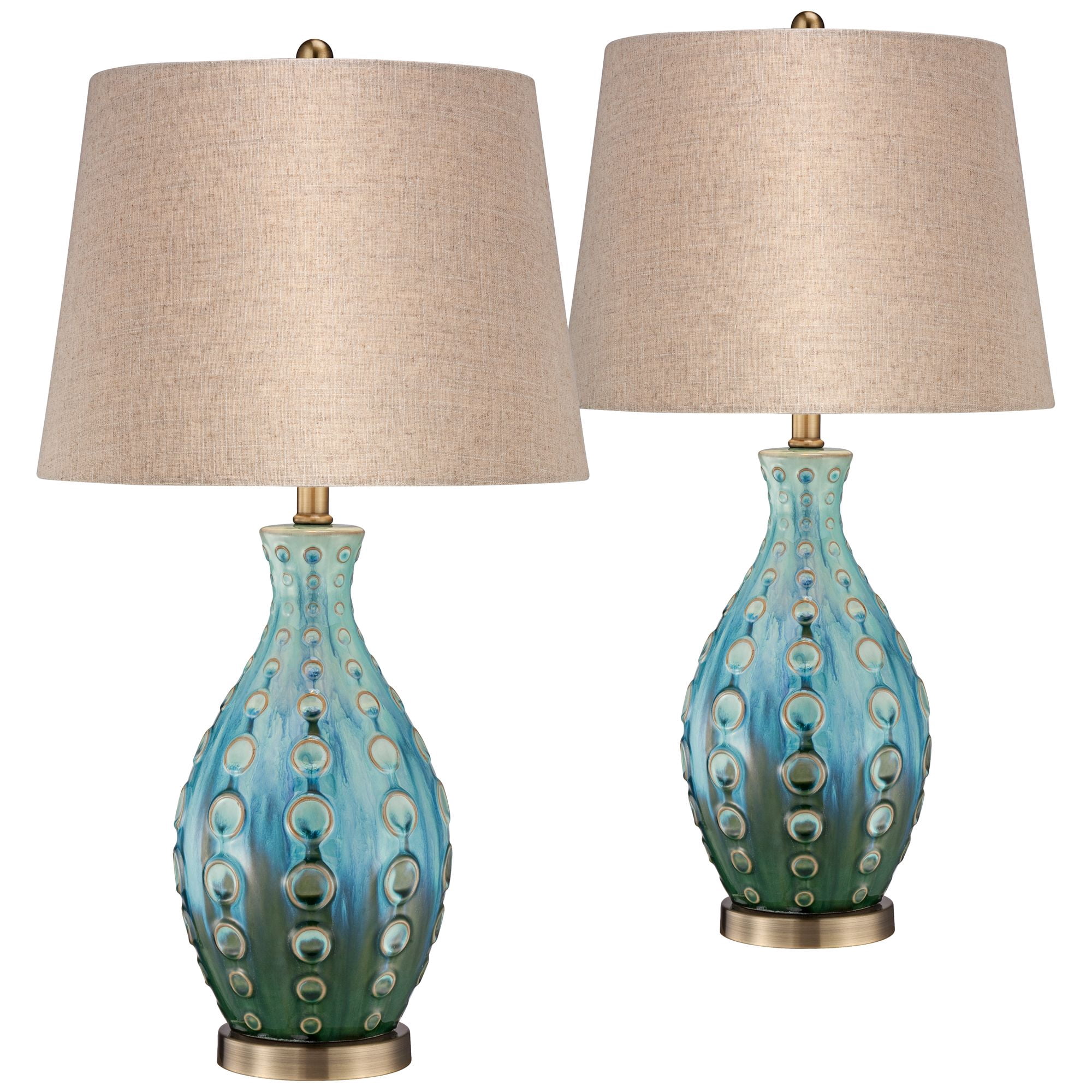 360 Lighting Mid Century Modern Table Lamps 26.5" High Set of 2 Ceramic Teal Handmade Tan Linen Tapered Shade for Living Room Bedroom (Color May Vary)