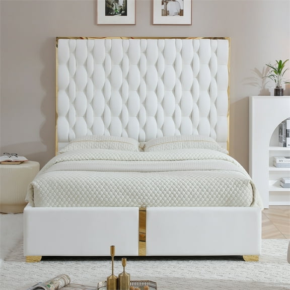 Rollie Vegan Leather Upholstered Queen Bed Frame In Cream