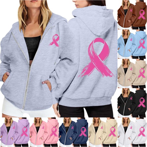 NinXxx Women's Cancer Awareness Zip Up Hoodie Pocket Drawstring Casual Sweatshirt Grey XL