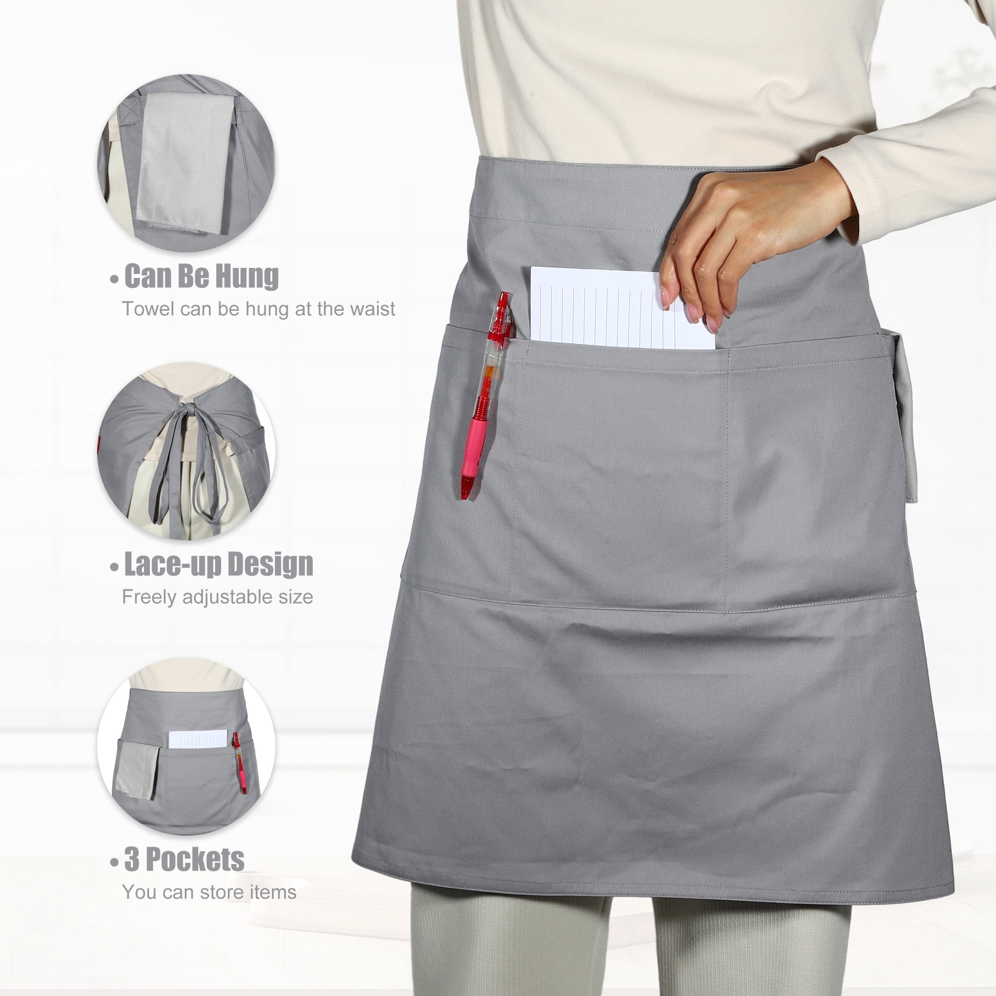 Unique Bargains Serving Cooking Versatile Waist Apron with Pockets Gray