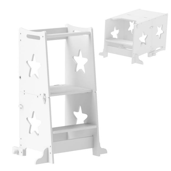 Qaba 2 in 1 Toddler Tower, Toddler Step Stool, Kids Kitchen Stool Helper with Safety Rail, Bathroom, Sink, Kitchen & Counter Step Stool for Toddlers 3-6 Years, White