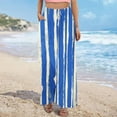 thumbnail image 5 of Women's Cotton Linen Palazzo Pants Tropical Print Split Wide Leg Summer Casual Beach Trousers Hawaiian Outfits (L, Blue|Striped), 5 of 7