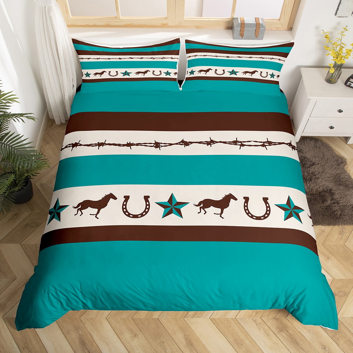 Western Twin Bedding Set, Southwestern Horse Comforter Cover For Kids
