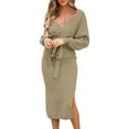 thumbnail image 4 of Women Knitted Long Sleeve Dress Womens Knit Sweater V Neck Wrap Knit Dresses Batwing Sleeve Sweater Dresses, 4 of 9