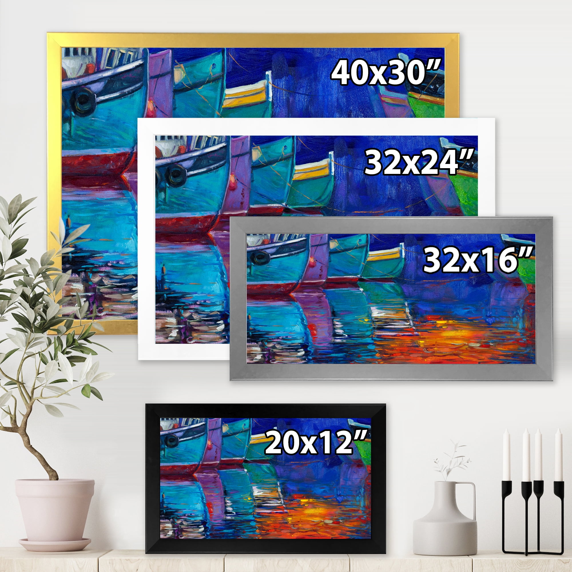 Boats During Warm Sunset Resting On The Water I 20 in x 12 in Framed Painting Canvas Art Print, by Designart