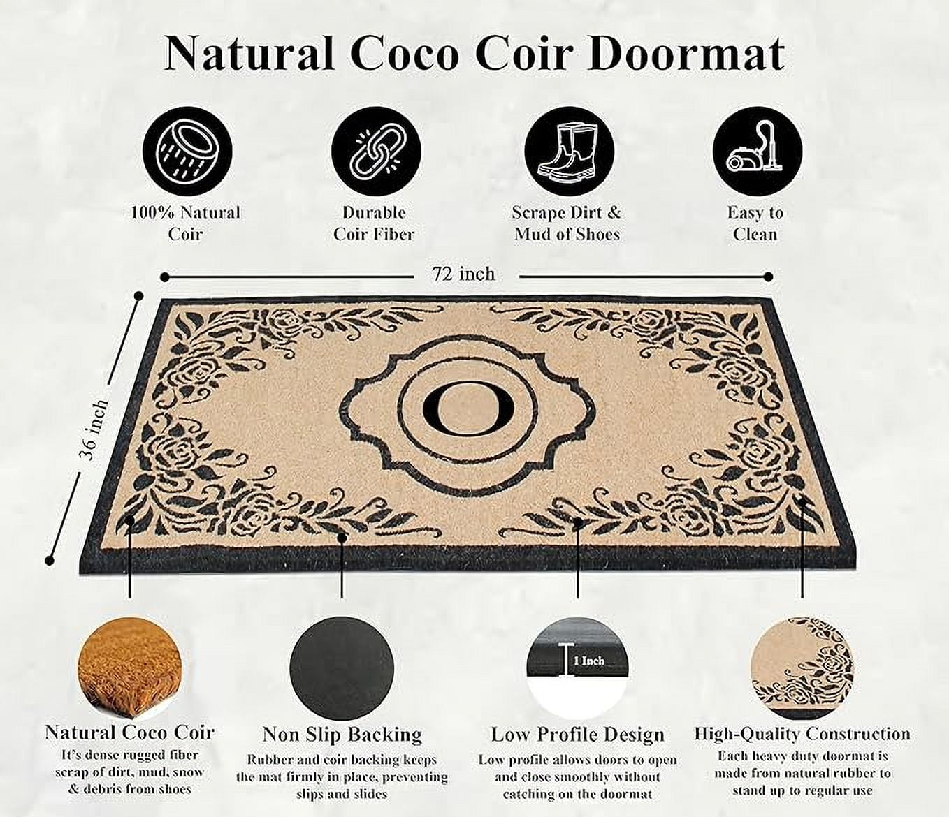 A1HC Natural Coir Monogrammed Floral Door Mat, 36"x72", Durable Anti-Shed Outdoor Door Mat, Heavy-Duty, Low-Profile, Easy to Clean