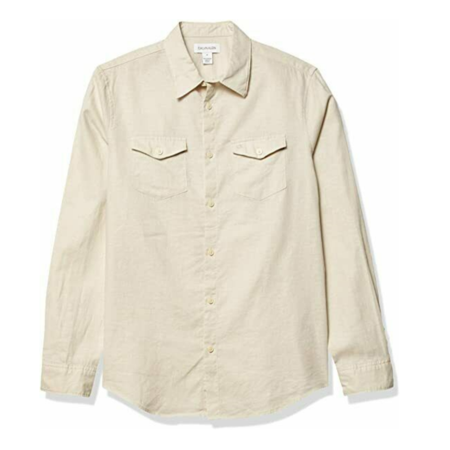 $79.50 Calvin Klein Men's, Long Sleeve Cotton Linen Button Down Shirt, Beige, M