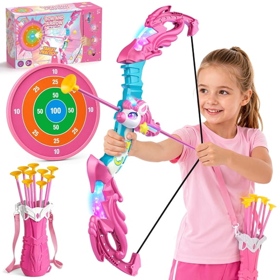 Carsky Unicorn Bow and Arrow Set for Kids, Light-Up Toy Bow with Target, Quiver and Suction Cup Arrows, Indoor Outdoor Target Practice Playset Gift for Girls 3