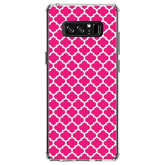 DistinctInk Clear Shockproof Hybrid Case for Samsung Galaxy Note 8 - TPU Bumper, Acrylic Back, Tempered Glass Screen Protector - Hot Pink White Moroccan Lattice