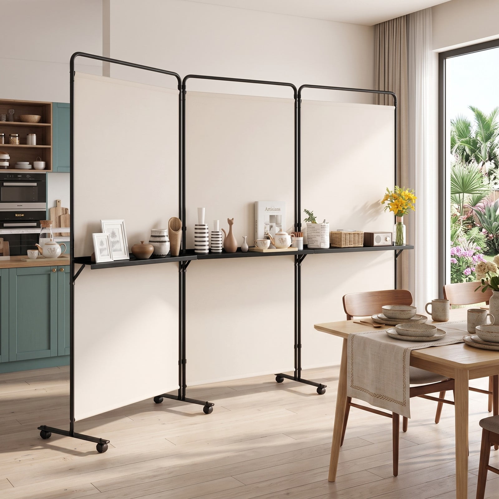 ALPULON 3-Panel Room Divider with 3 Shelves, 6 FT Tall Folding Privacy Screen Freestanding Partition with Lockable Wheels for Living Room Bedroom Office, White