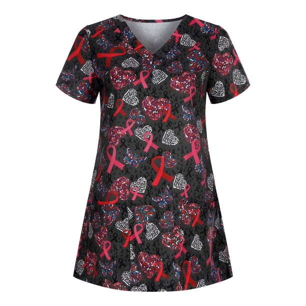 Pntutb Top de cuidado de manga corta con bolsillo y cuello en V estampado a la moda para mujer Pntutb Pntutb-316